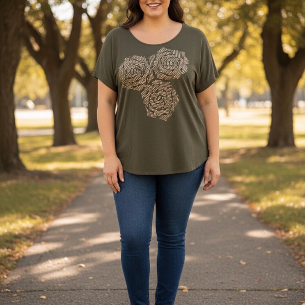 Torrid Tee Embellished Stud Roses Grungecore Short Sleeves Top Olive Green 3X